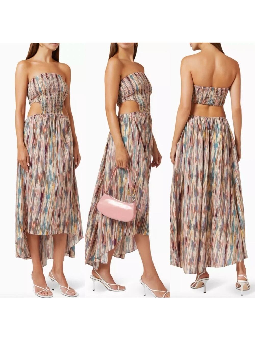 MISA Los Angeles Myka Ikat Strapless Cutout Smocked Midi Maxi Dress Made In USA